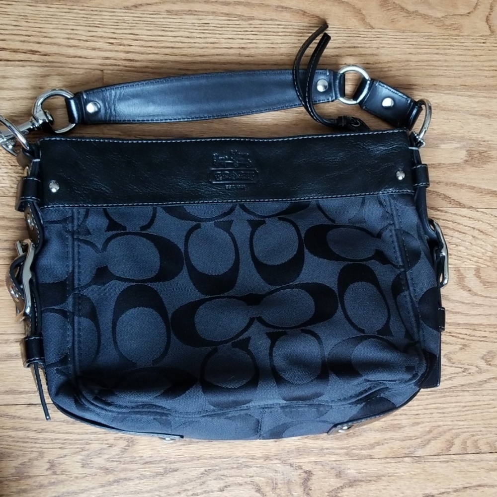 COACH Zoe Signature black canvas hobo shoulder bag